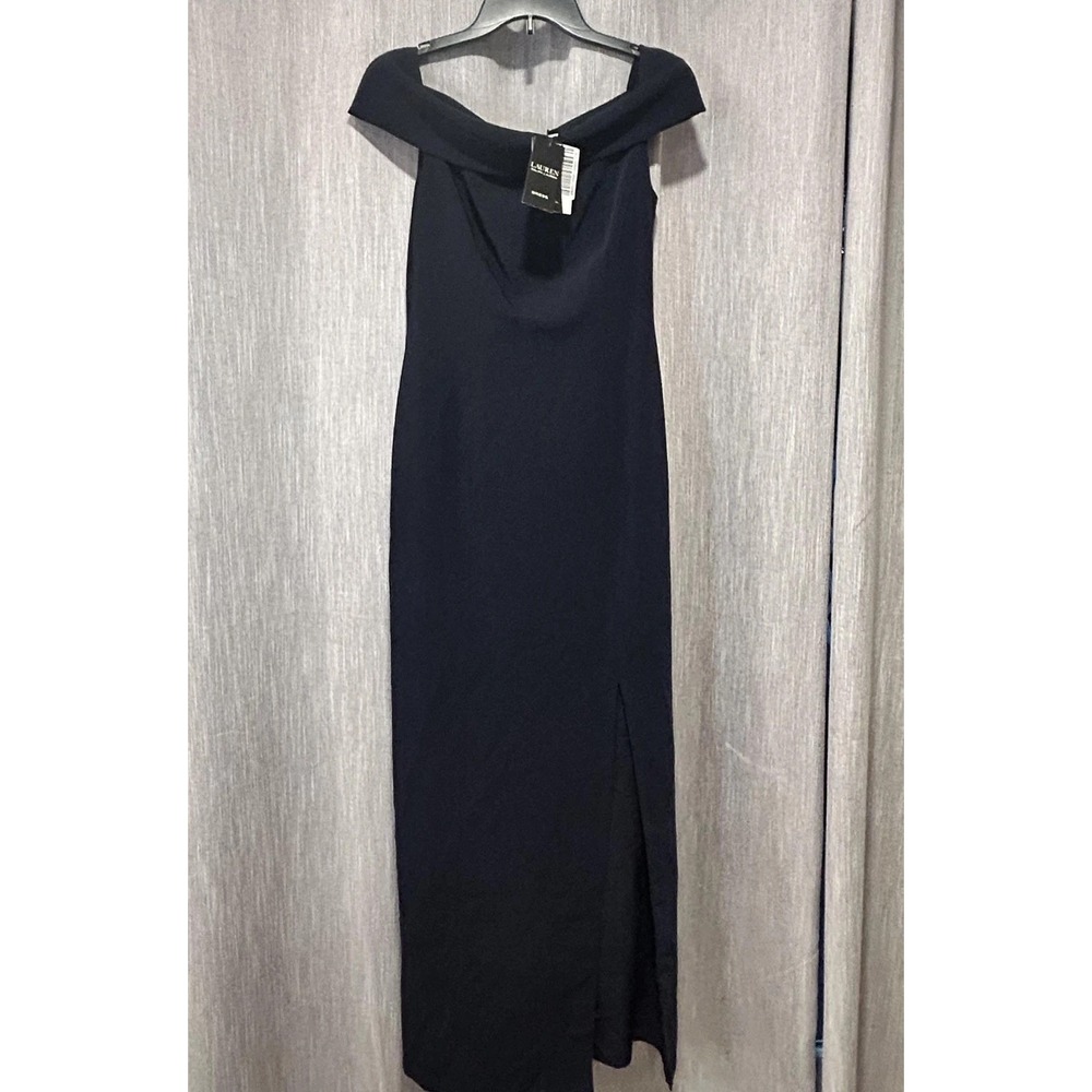 Lauren Ralph Lauren Dress Womens 4 Navy Off Shoulder Maxi Side Slit Formal Gown